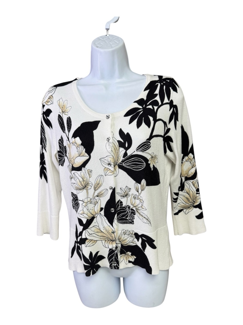 White House Black Market Ivory Floral Cardigan with Black & Tan Accents size S